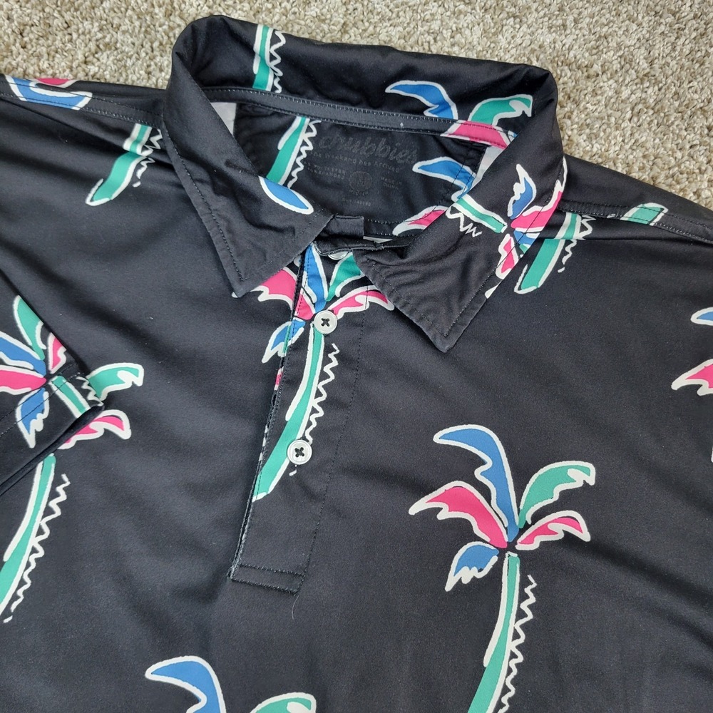 Chubbies Mens Medium Black AOP Floral Performance Stretch Polo Short Sleeve